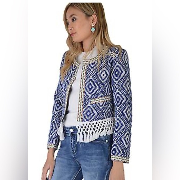 LOVEMYSTYLE Jackets & Blazers - Lovemystyle Blue And White Aztec Print Jacket With Tasselled Hem UK 10 US 6 NWOT